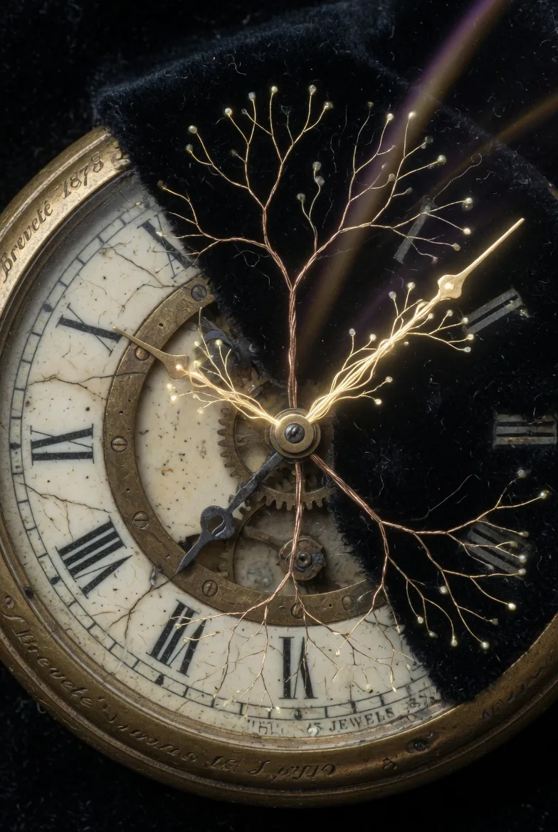 Gros plan sur une montre gousset ancienne dont les chiffres romains se dissolvent en ramifications neuronales dorées. Allégorie du potentiel de préparation précédant la conscience.