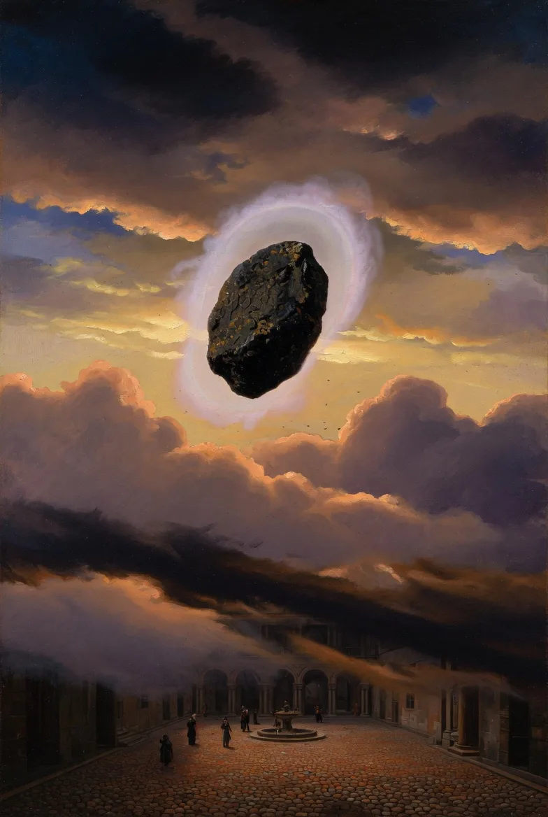Une pierre sombre suspendue en l'air au-dessus d'une place classique, auréolée de lumière dans un ciel tourmenté. Allégorie de la pierre consciente de Spinoza.