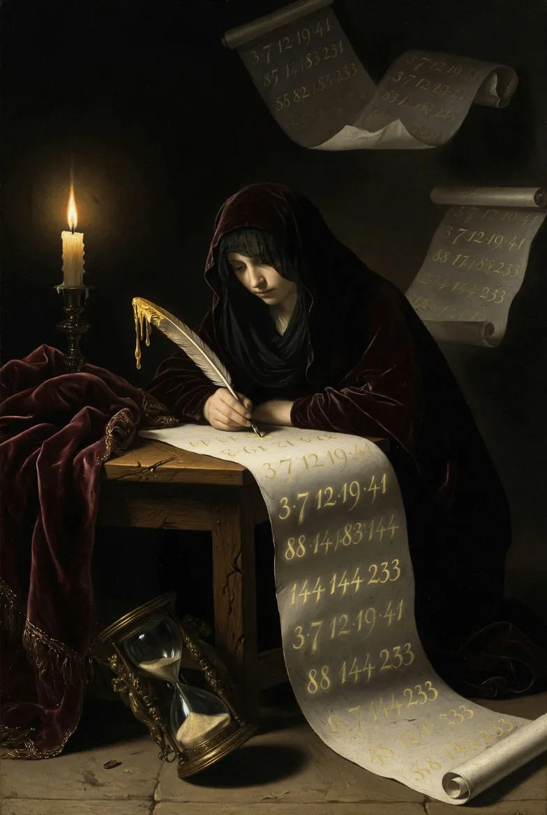 Une scribe voilée de velours oxblood, à la lueur d'une chandelle, inscrit des séquences numériques dorées sur un long parchemin qui s'écoule sur le sol. En arrière-plan, des parchemins identiques flottent, déjà pré-écrits. Un sablier brisé au sol. Allégorie du bloc-univers : le futur est déjà inscrit.
