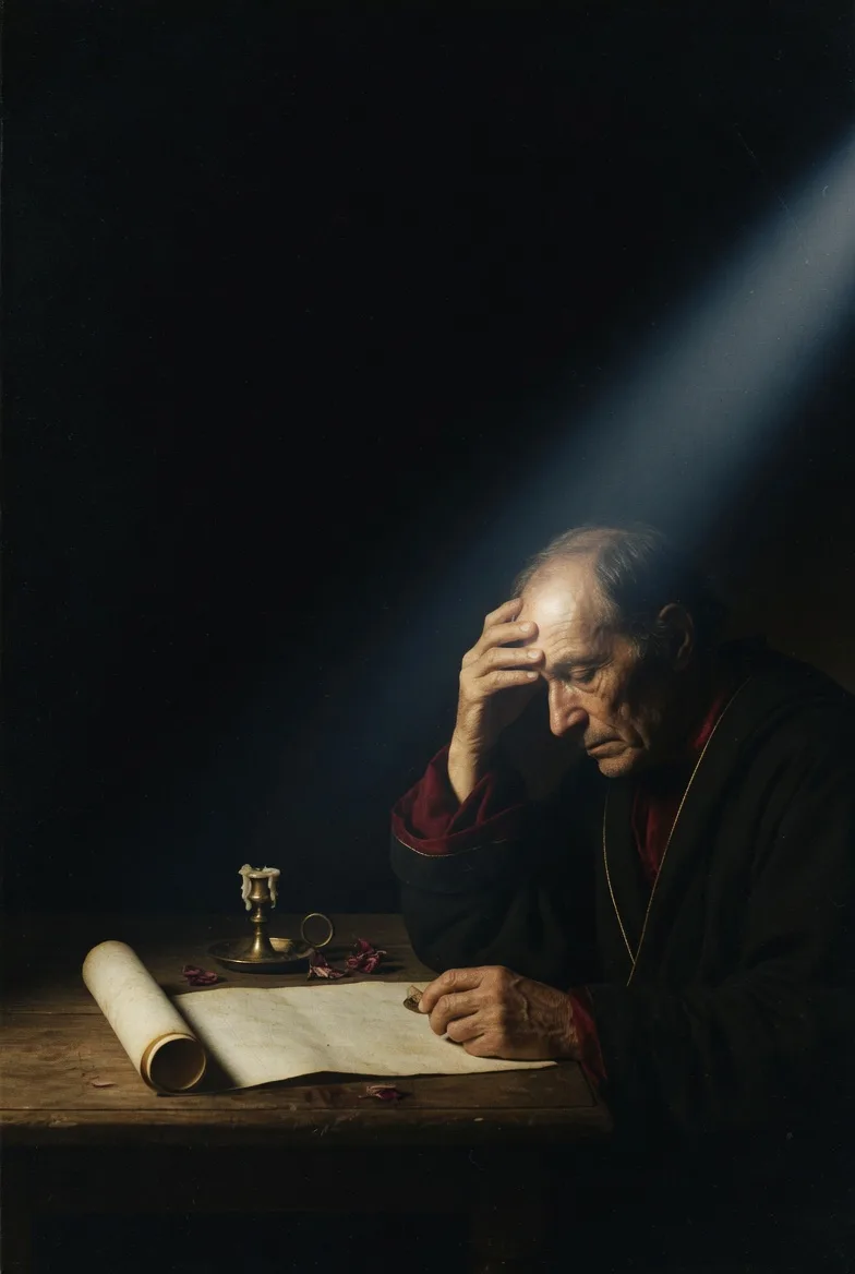 Un vieil homme courbé sur un parchemin à la bougie, un rayon de lumière bleue tombant depuis l'ombre. Évocation du penseur du XVIIᵉ siècle qui écrit à la lueur de la question.